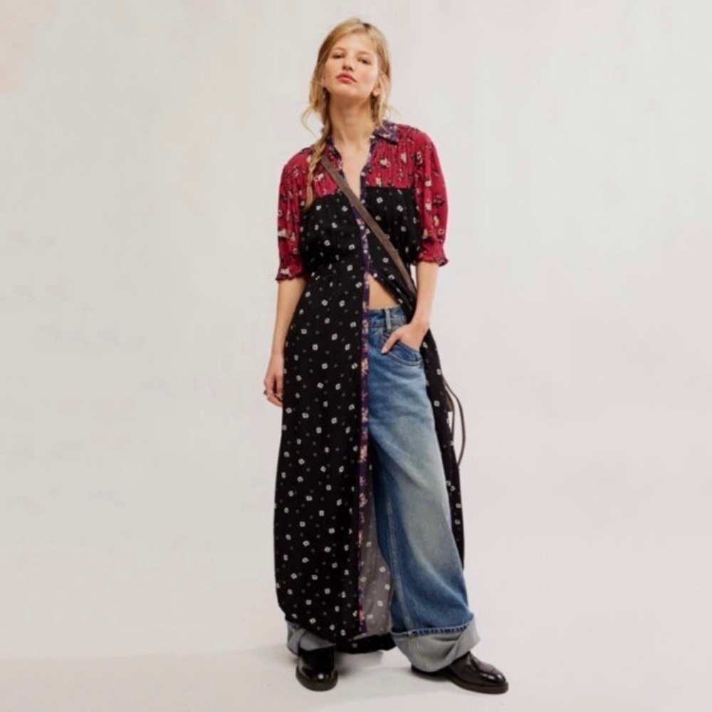 Free People Nora Floral Maxi Shirt Dress Black Red Small Boho Cottagecore 90s